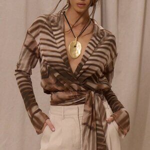 Multicolor Women's Elegant Lapel Collared Chiffon Wrap Waist top